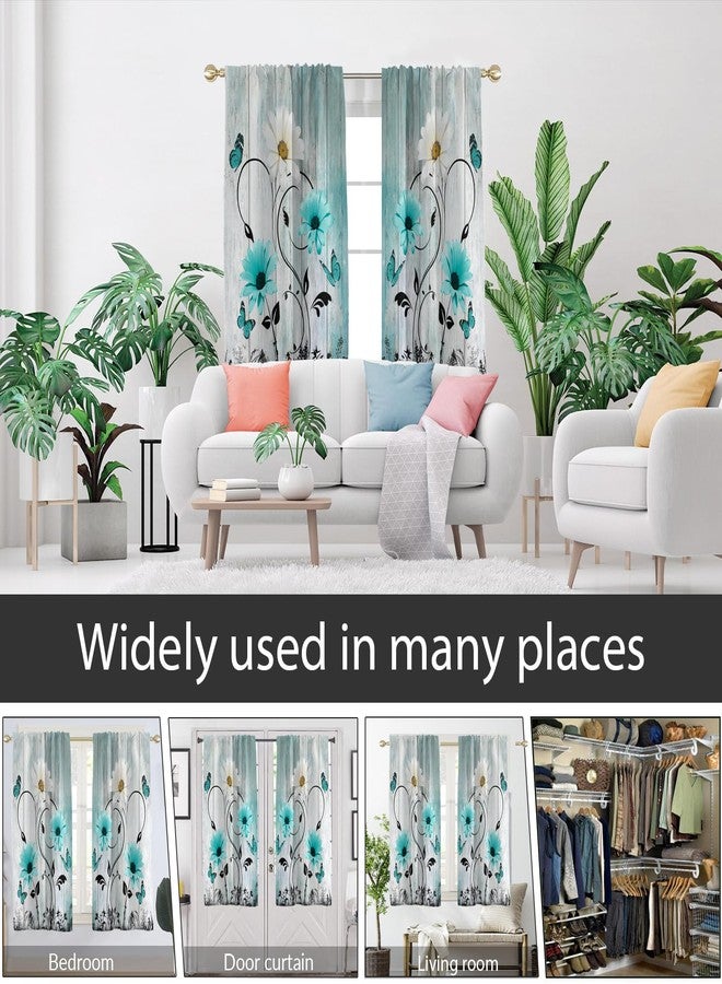 AAtter Teal Floral Window Curtain Turquoise Flower Farmhouse Rustic Country Aqua Blue Daisy Butterfly Living Room Bedroom Rod Pocket Drapes Treatment Fabric 1 Pair Home Decor, 42" W x 63" L, Vintage - Image 5